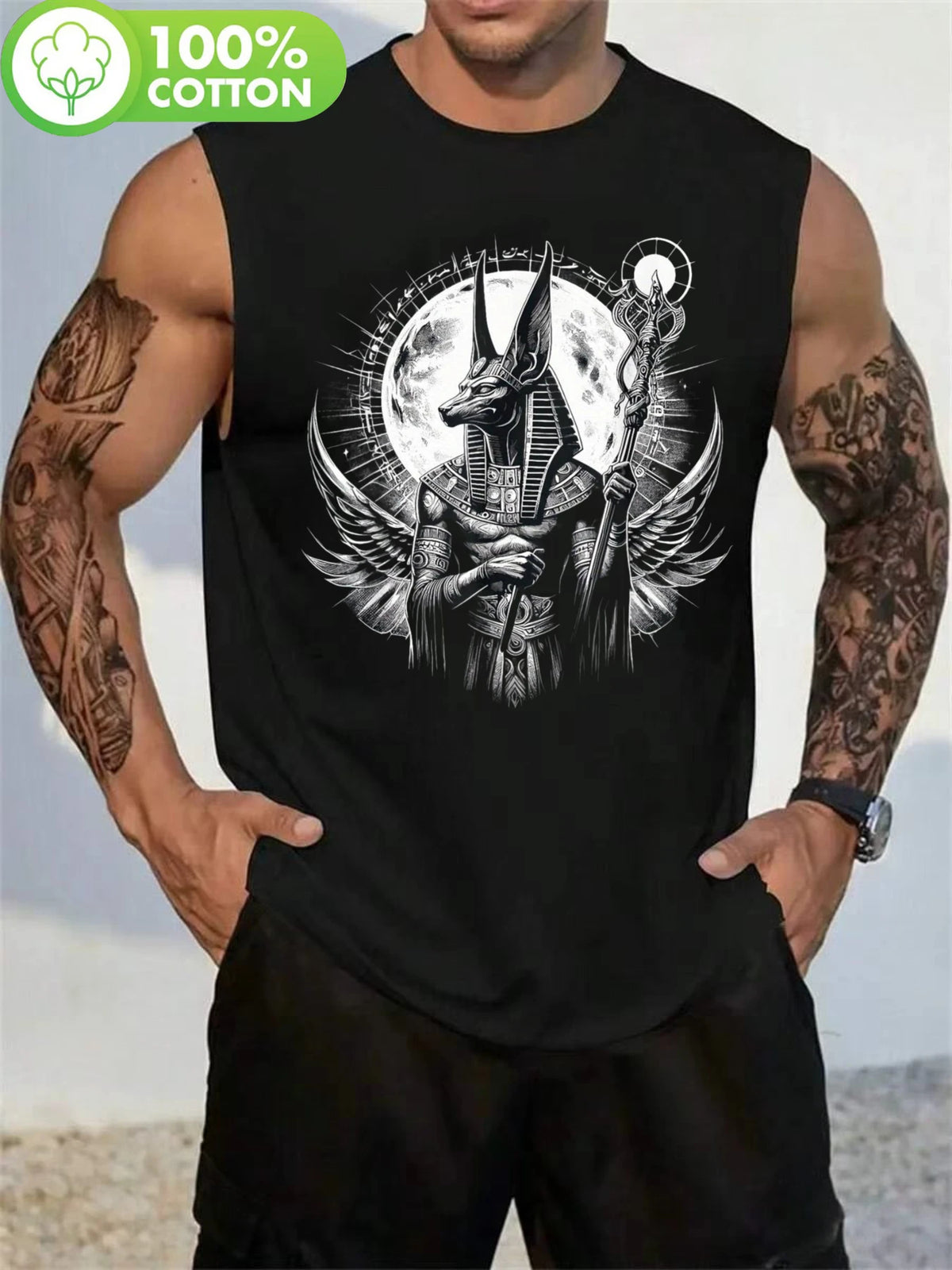 Men's sleeveless vest, featuring the Egyptian god Anubis - breathable black T-shirt