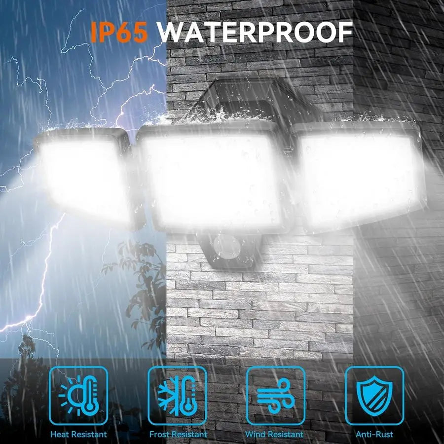 Security Lights Motion Sensor Outdoor Lights, 6500K Daylight, IP65 Waterproof, Dusk to Dawn, 3Head Motion Detected Flood Light f