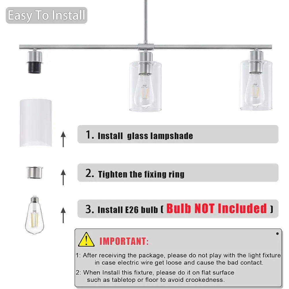 3 Lights Kitchen Island Lighting Brushed Nickel Pendant Light ixtures with Glass Shade 31" Dining Room Chliers Adjustable Height