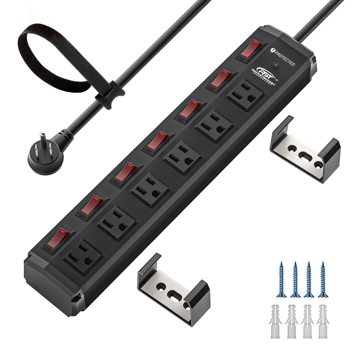 CRST 6-Outlet Metal Power Strip | 6 Individual Switches + Master Switch, Versatile Mounting System, 1200J Surge Protector, 45° Flat Plug, SGS Certified