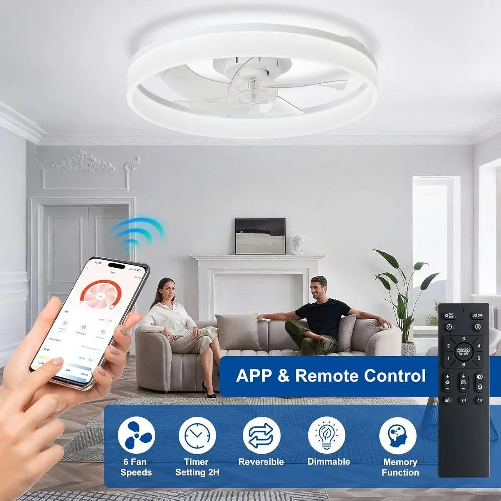 20 Lush Mount Low Profile Ceiling Fan with APP Remote Control - White LED Dimmable Quiet DC Motor for Bedroom Living Room