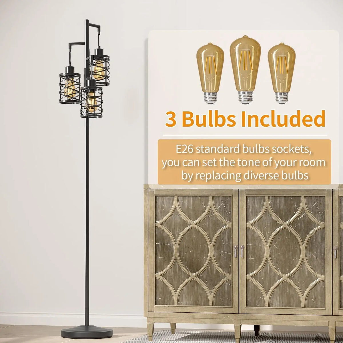 70" Dimmable Floor Lamp with 3 Bulbs, Industrial Style Standing Tree Light for Living Room, Bedroom, Office