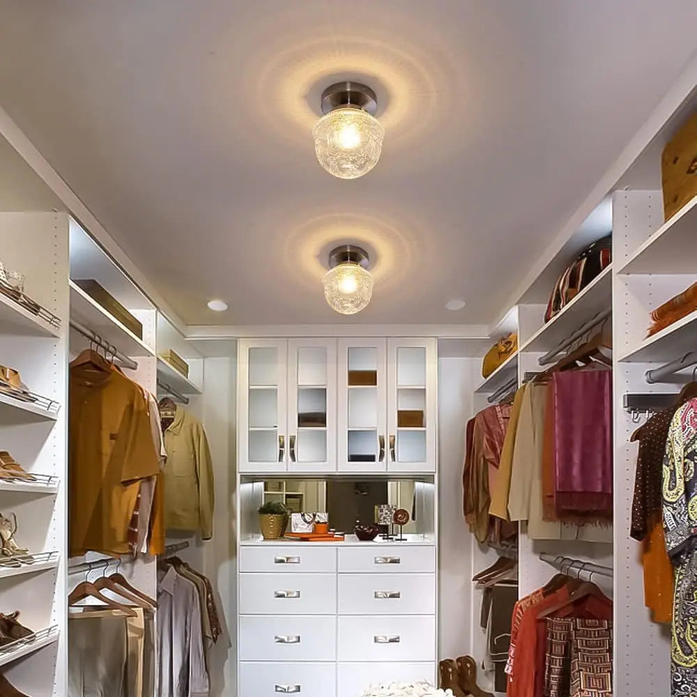 Brushed Nickel Semi Flush Mount Ceiling Light, Small Blowing Clear Glass Shade Fixtures for Bedroom, Closet, Bathroom, Hallway,