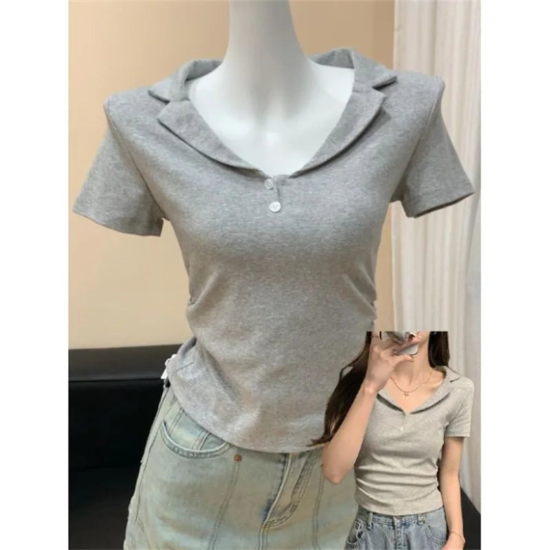 2026 New Lapel Shirt Short Sleeve T-Shirt Women's Hot Selling Summer V-Neck Bottoming Shirt Versatile Short Tops Fashion Ins