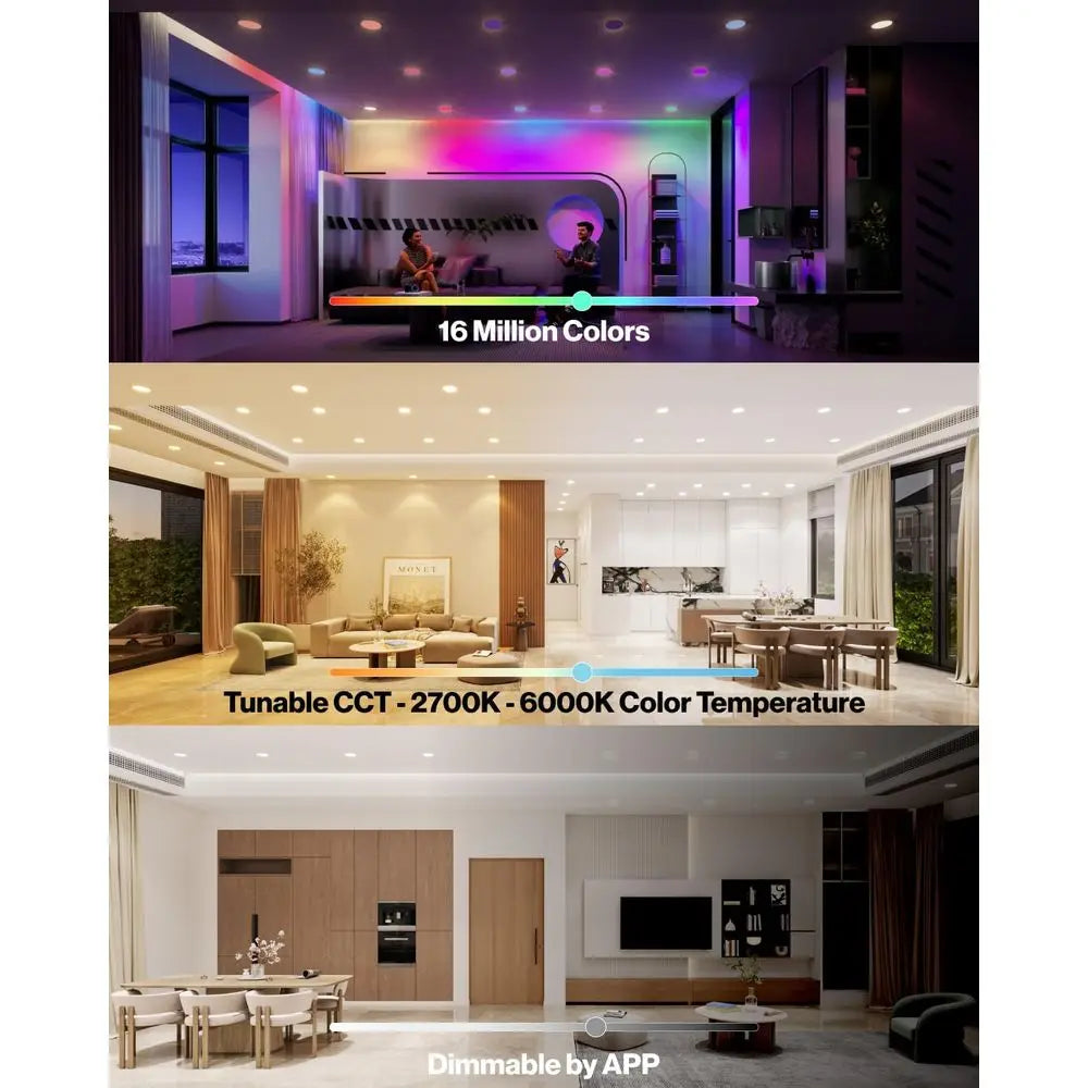 4 Pack LED Recessed 6 Inch, Smart RGBW Color Changing Can Lights, High Bright 1200 LM, 14W, Retrofit Installation, Compatible wi