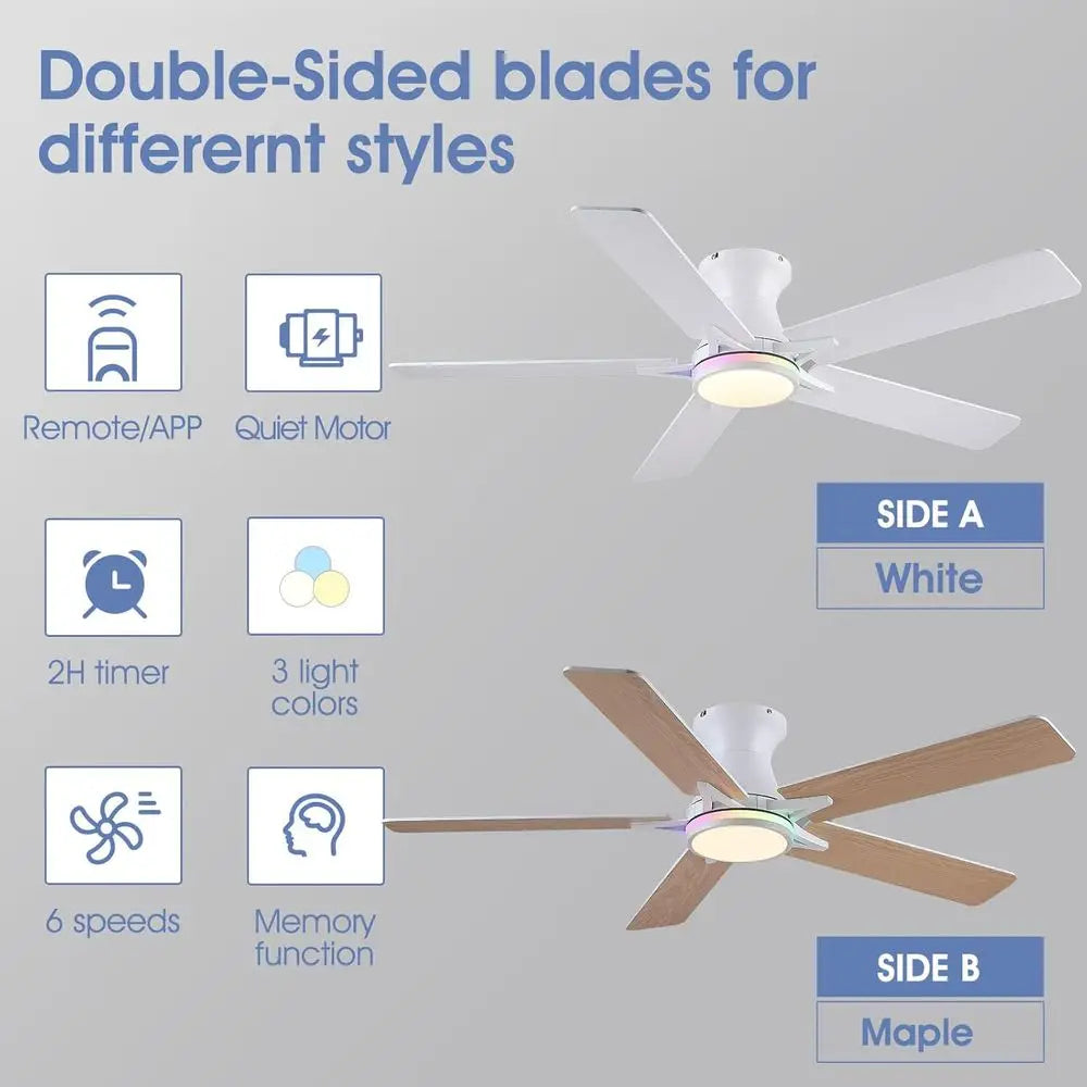 52 White Lush Mount Ceiling Fan with Quiet Reversible DC Motor, Dimmable LED Light with 3 Colors & 6 Speeds