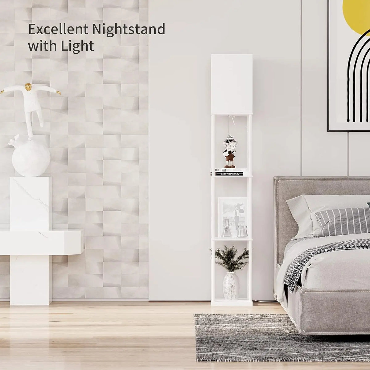 Modern Square Shelf Floor Lamp with Dimmable LED Bulb, White Shade for Living Room and Bedroom