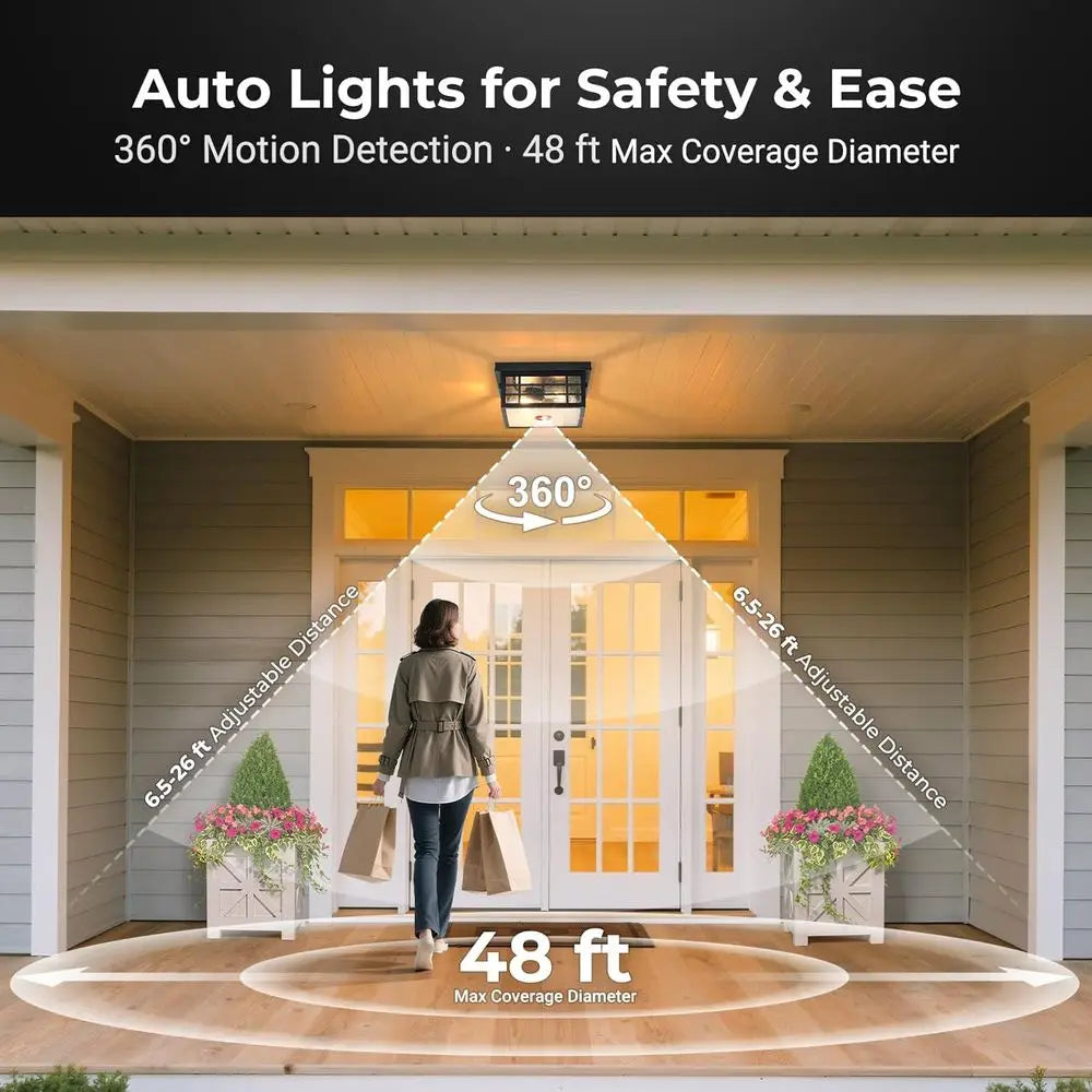 Motion Sensor Outdoor Ceiling Light with Remote Control, Black Porch Lighting with Seed Glass, Outside Mount Lights or Garage, E