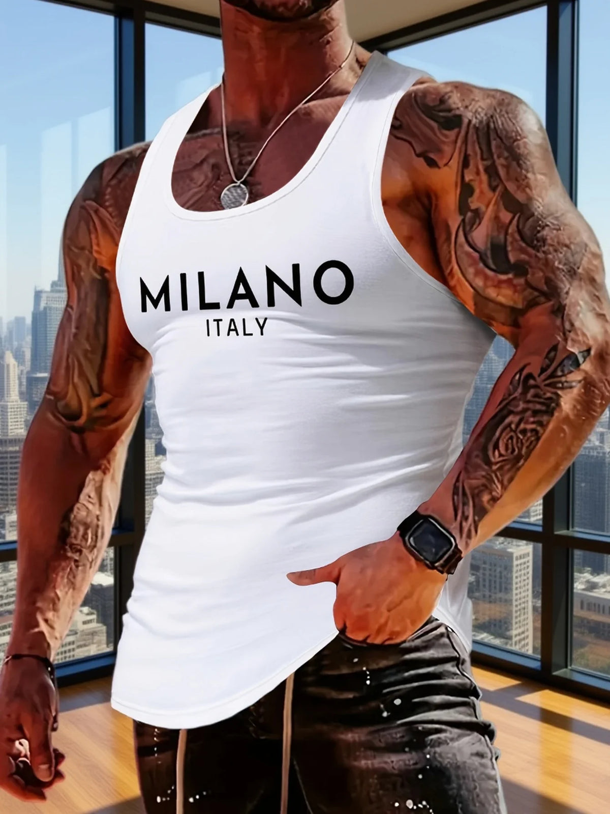 Men's trendy letter pattern narrow-shoulder band tee shirt