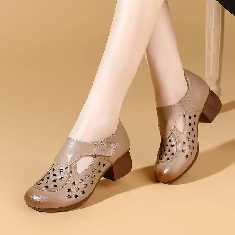 Women's Summer New Leather Hollow Out Cave Sandals Block Sole Non Slip Round Toe Breathable High Quality Low Top Velcro Sandals
