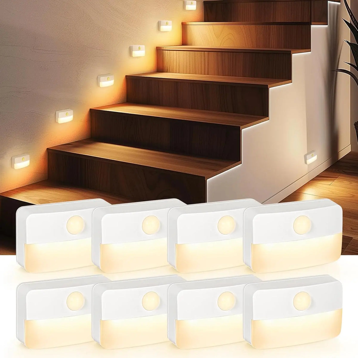 8 Pack Motion Sensor Stair Lights, Battery Operated Wireless LED Night Lamps for Indoor Use