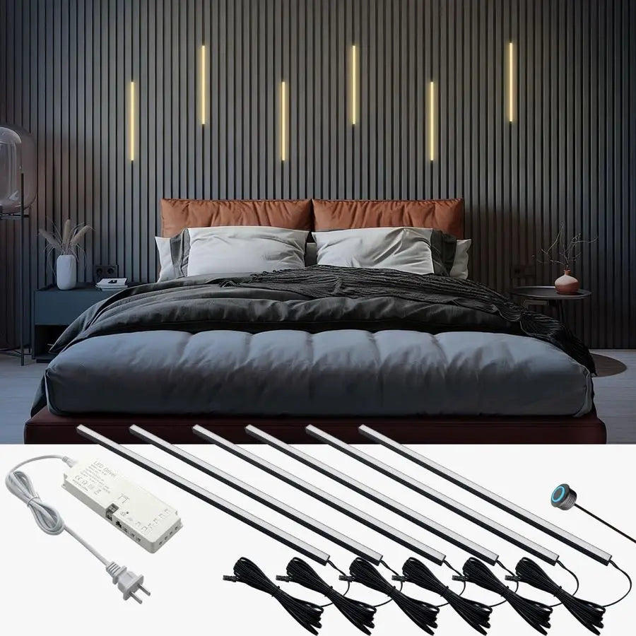 6pcs 16Inch DC12V Black 3000K Warm White LED Wall Panel Lights, SelfAdhesive Dimmable Touch Switch Slat Wall Lights Strip for Wo