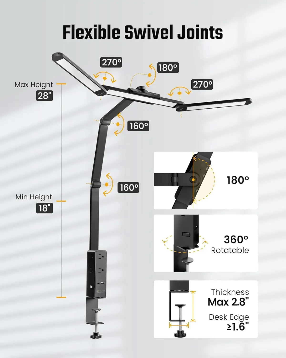 LED Desk Lamp with Power Strip, 6 Outlets & USB Ports, Adjustable Clamp Light with Dimming & Color Control