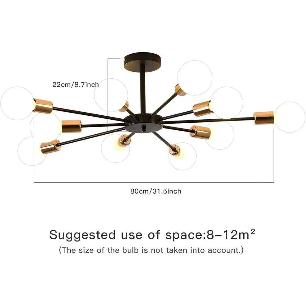 10-Light Semi Flush Mount Ceiling Light, Black and Gold Sputnik, Suitable for Bedroom, Kitchen, Living Room, Entryway, Laundry R