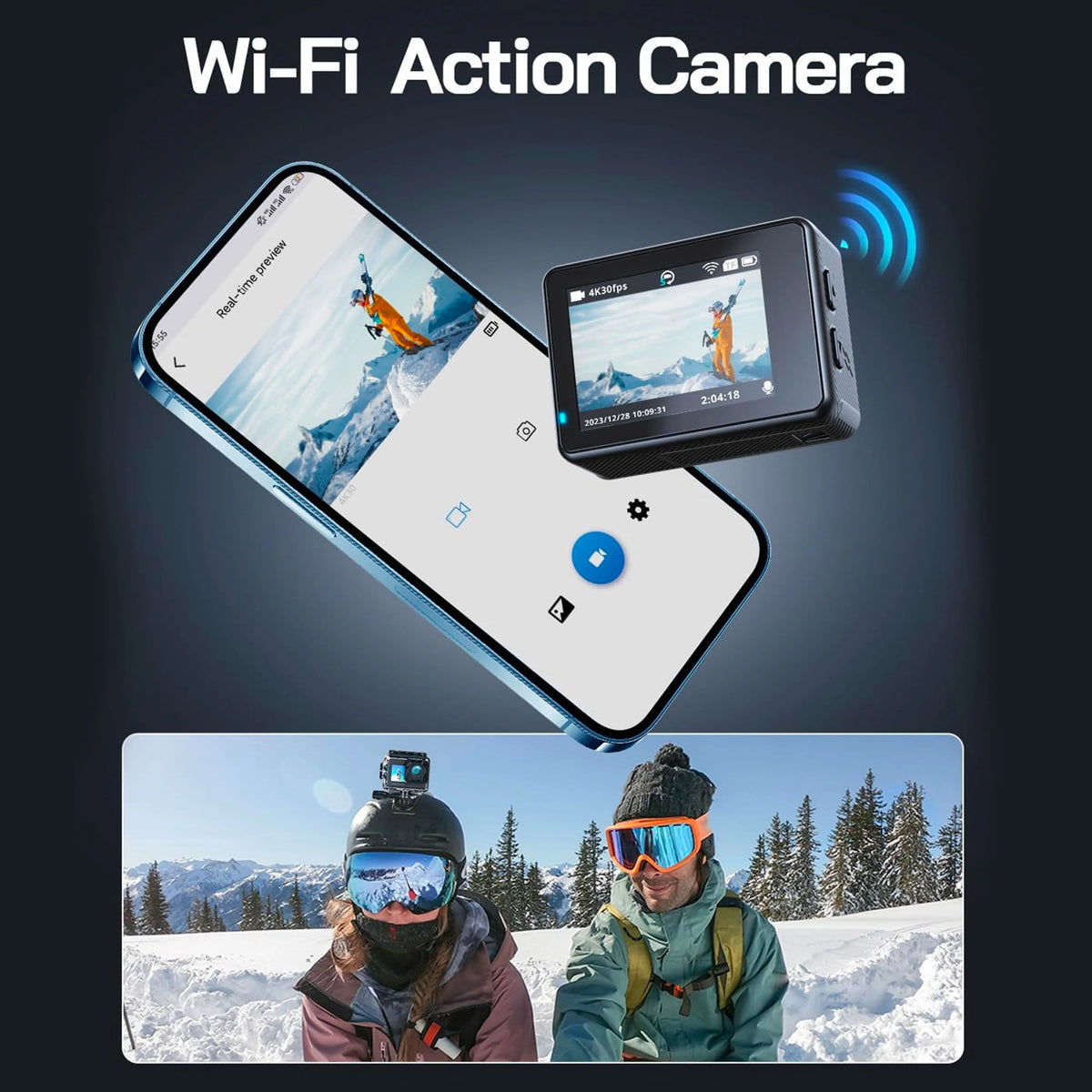 5K Action Camera Dual Screen 60FPS 4K Sports Cam Black