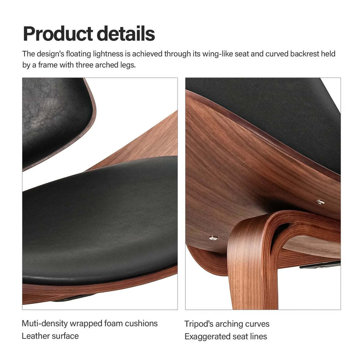 Shell Lounge Chair Tripod Wood with Black PU Leather Chairs