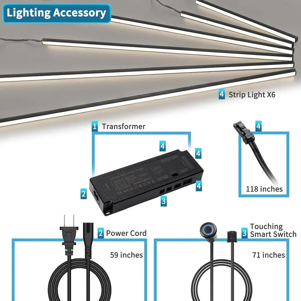 6pcs Self-adhesive White LED Recessed Lighting Kit with Smart Switch, 3000k Touching Switch for Home Decor, Under Cabinet Strip