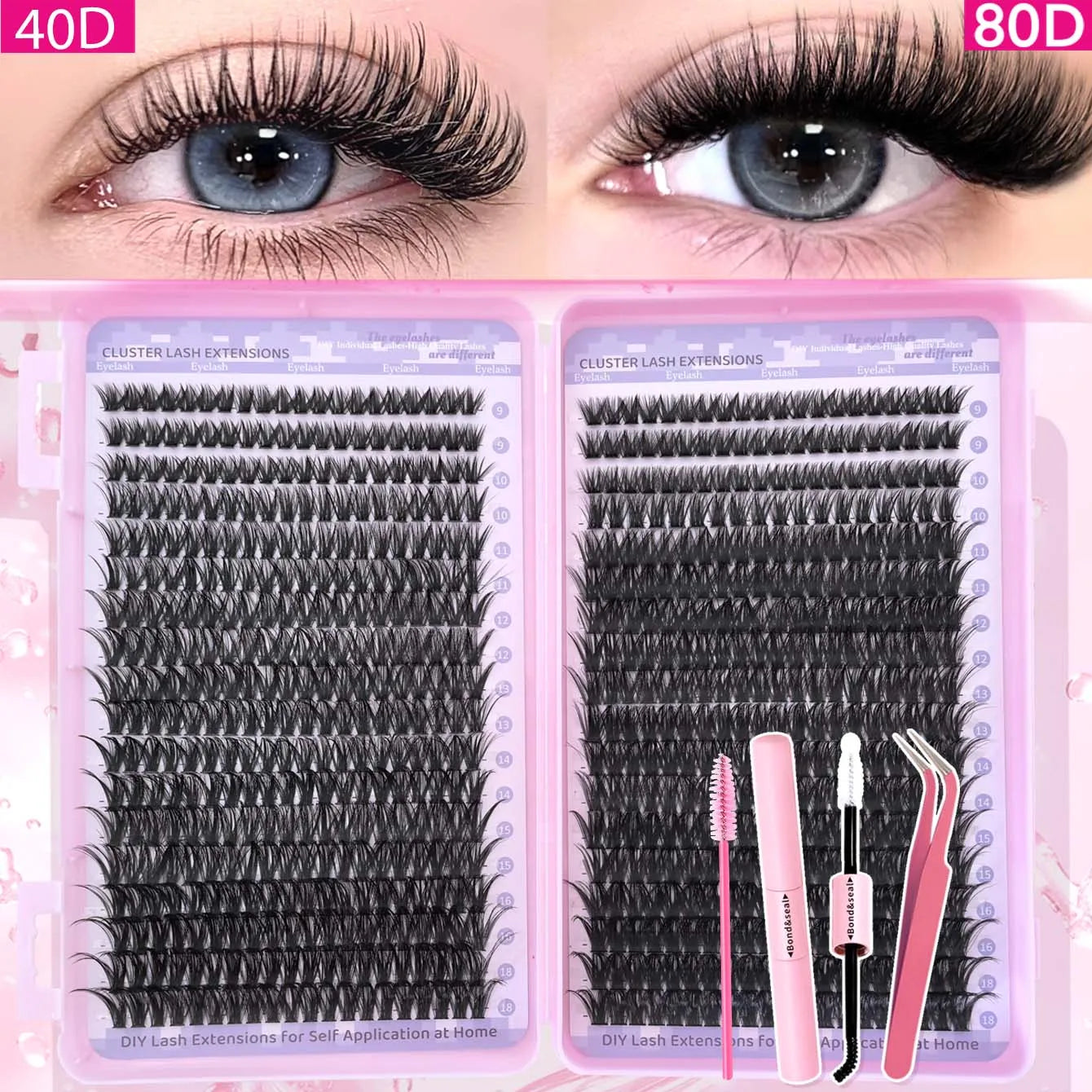 720/200pcs eyelash Extension Kit Fluffy Eyelash Extension kit with Lash Bond and Seal Lash Tweezers Thick Lash Clusters Wispy