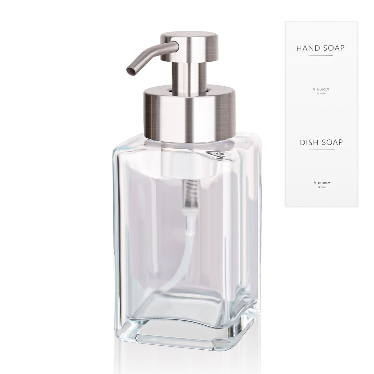 Foaming Soap Dispenser with Stainless Steel Pump 12oz Refillable Glass Liquid Dish Soap Bottles for Bathroom Kitchen Sink Home Decor