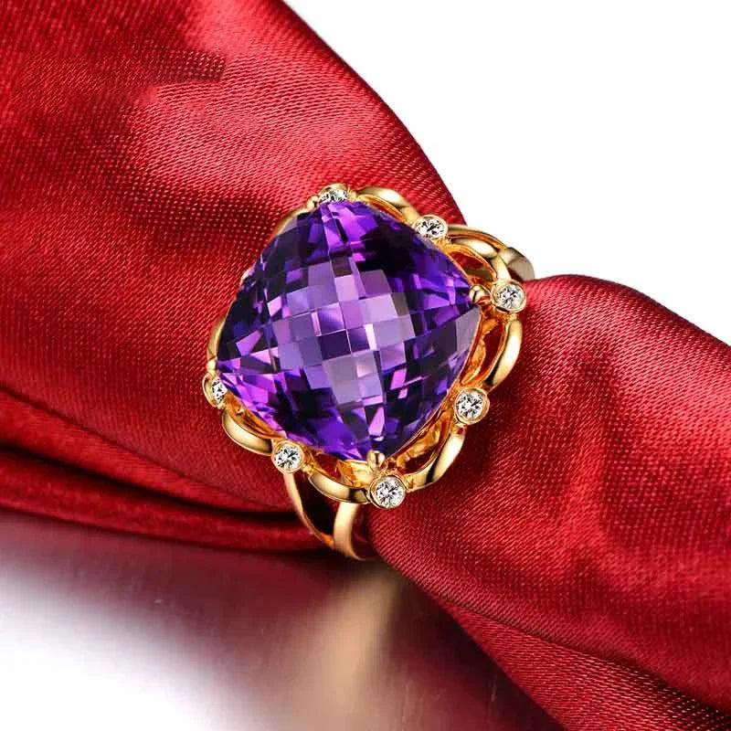 Natural Amethyst 18K Pure Gold 2025 New Hot Selling Top Ring Women Heart Shape Ring For Ladies Woman Genuine Jewelry
