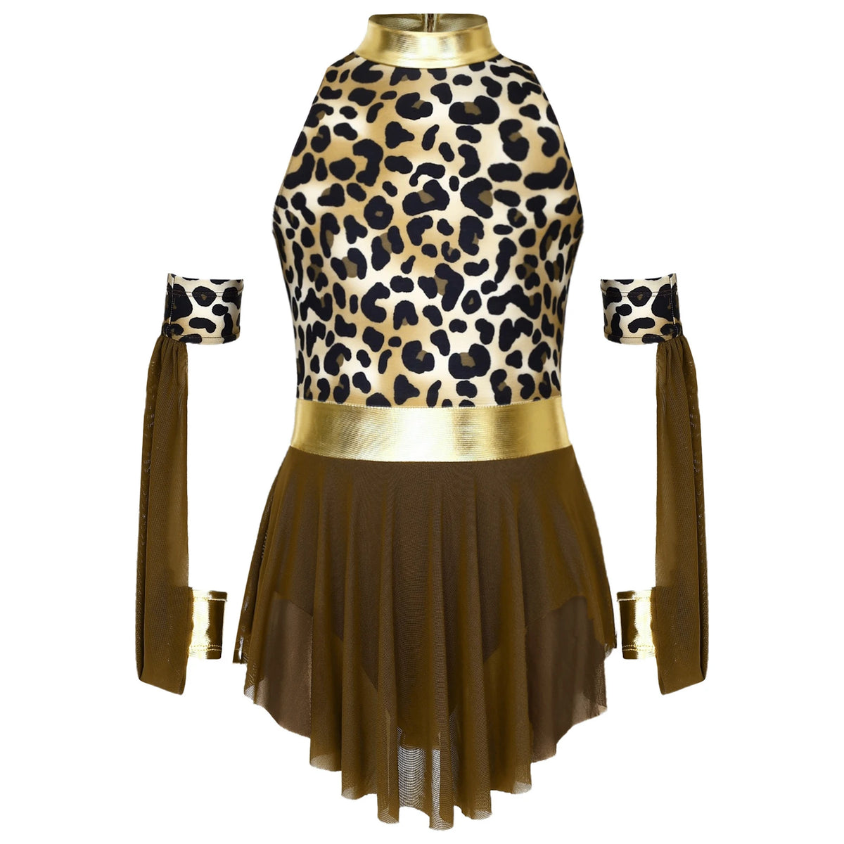 Girls Prehistoric Cave Costume Leopard Print Patchwork Metallic Sleeveless Mesh Skirted Leotard Dress and Matched Oversleeves
