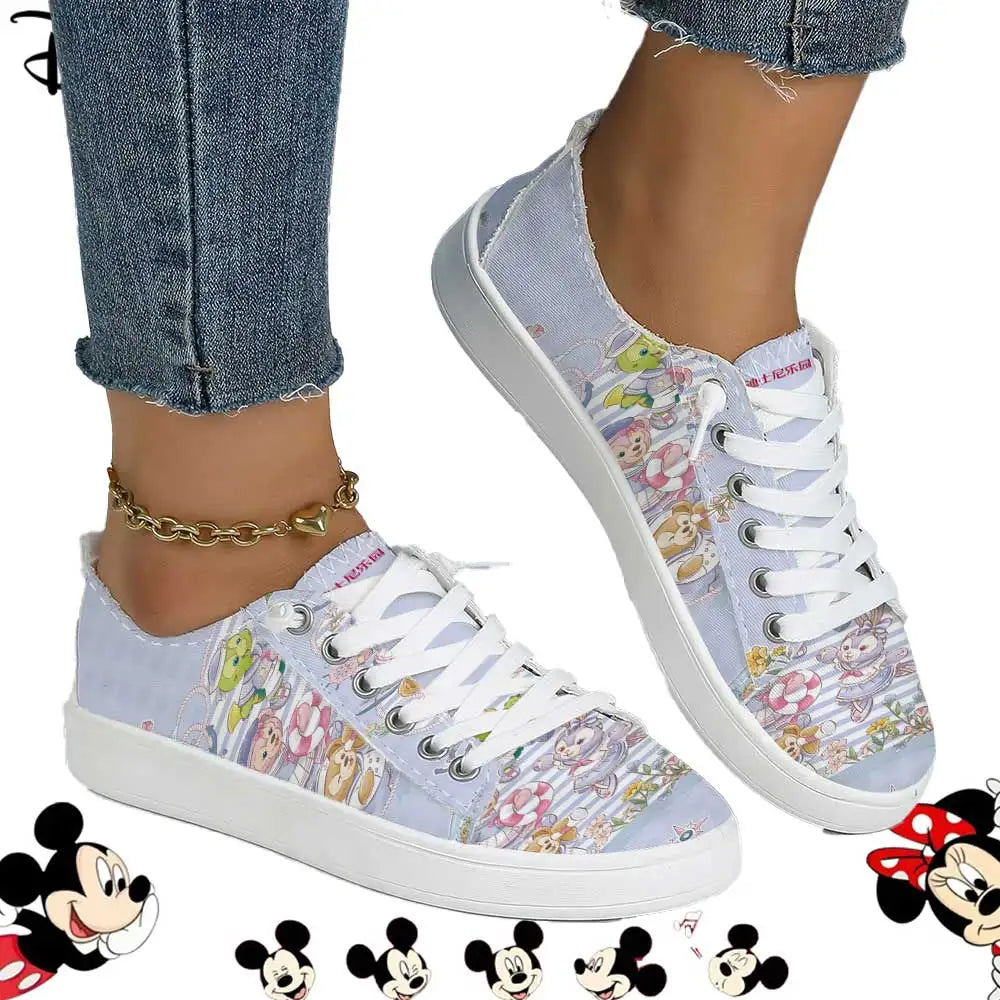 Officially Licensed Disney Duffy & Friends Low Top Canvas Sneakers – Pastel Striped Print, Breathable Soft Upper Casual Shoes