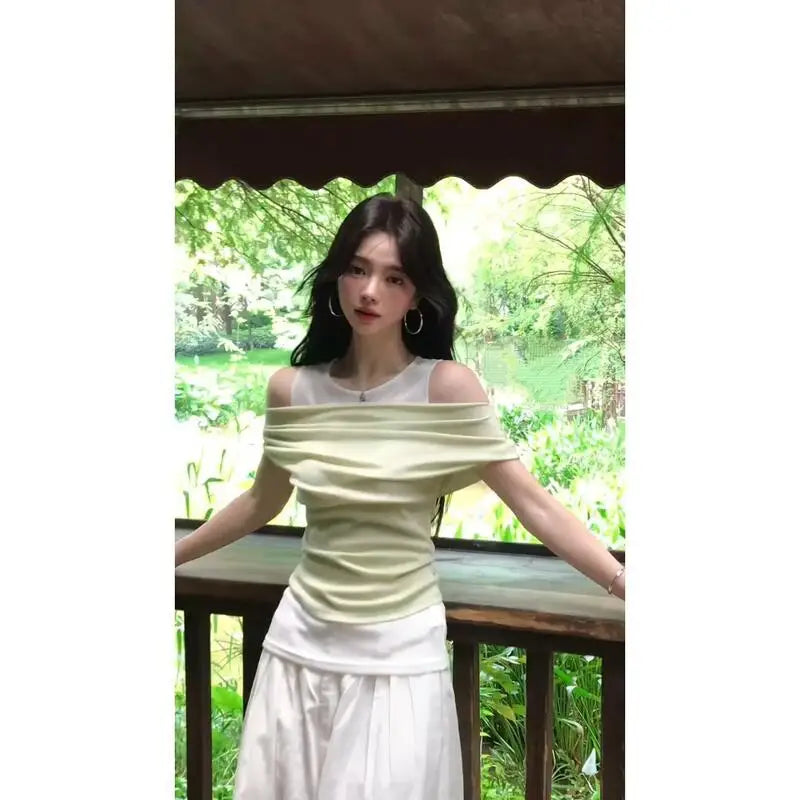 One-Line Collar Tops Best-Selling Matching Loose Wide-Leg Pants Suit Trendy Two-Piece Suit for Women Summer New Style Gentle
