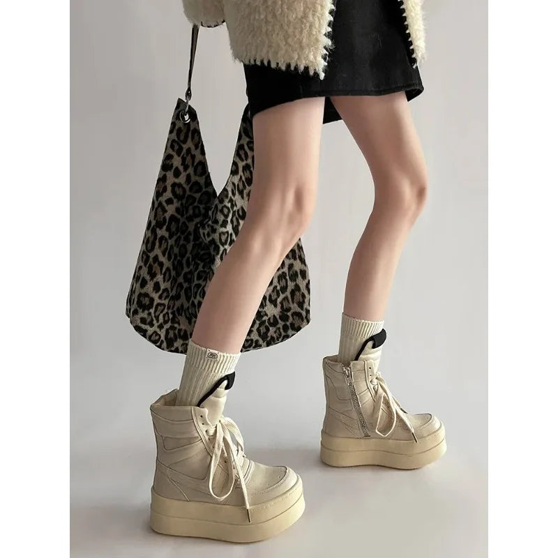 Thick Sole Ankle Boots Design High Top Shoes For Women 2025 Autumn And Winter New Height Increasing Casual Sports Board Shoes