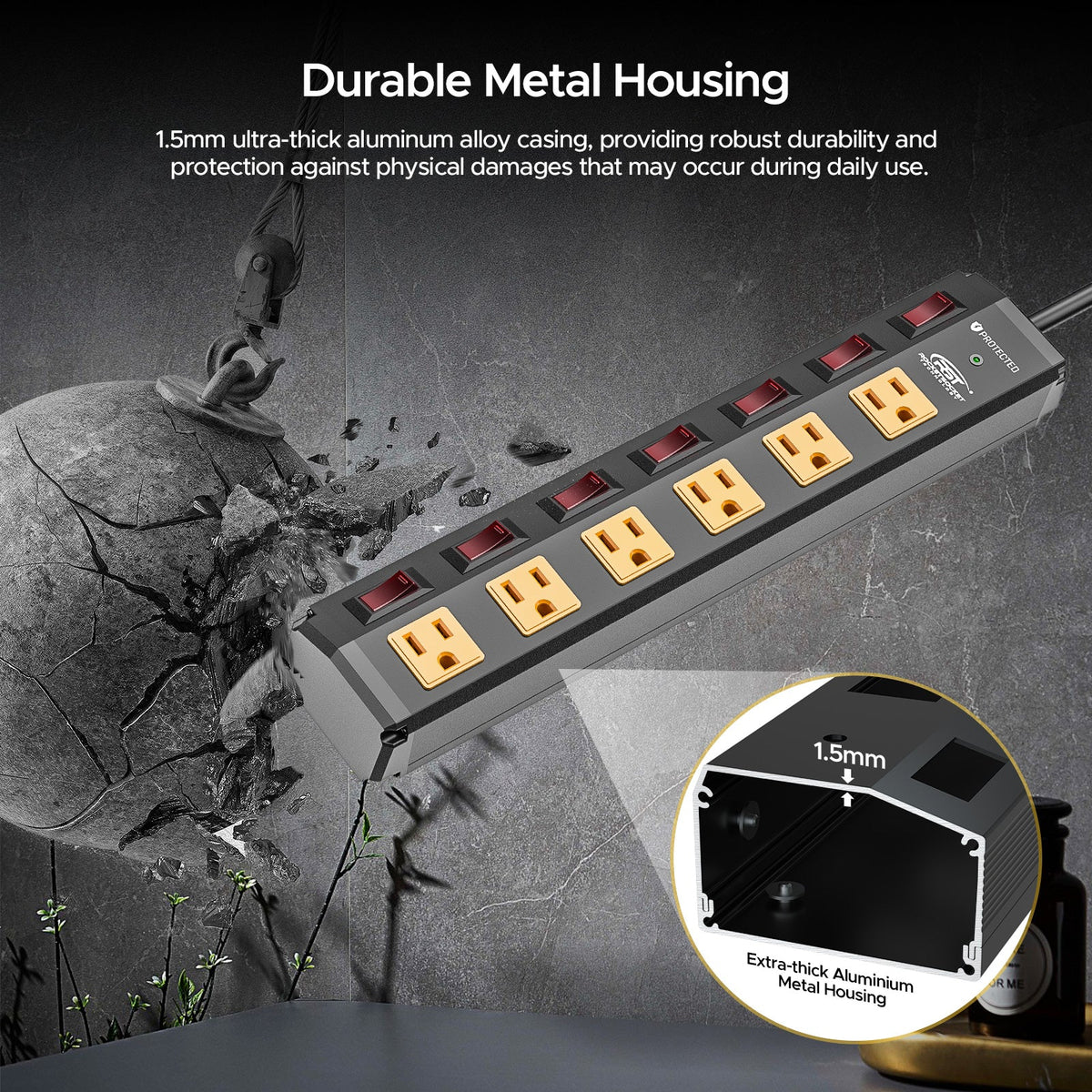 CRST 6-Outlet Metal Power Strip | 6 Individual Switches + Master Switch, Versatile Mounting System, 1200J Surge Protector, 45° Flat Plug, SGS Certified