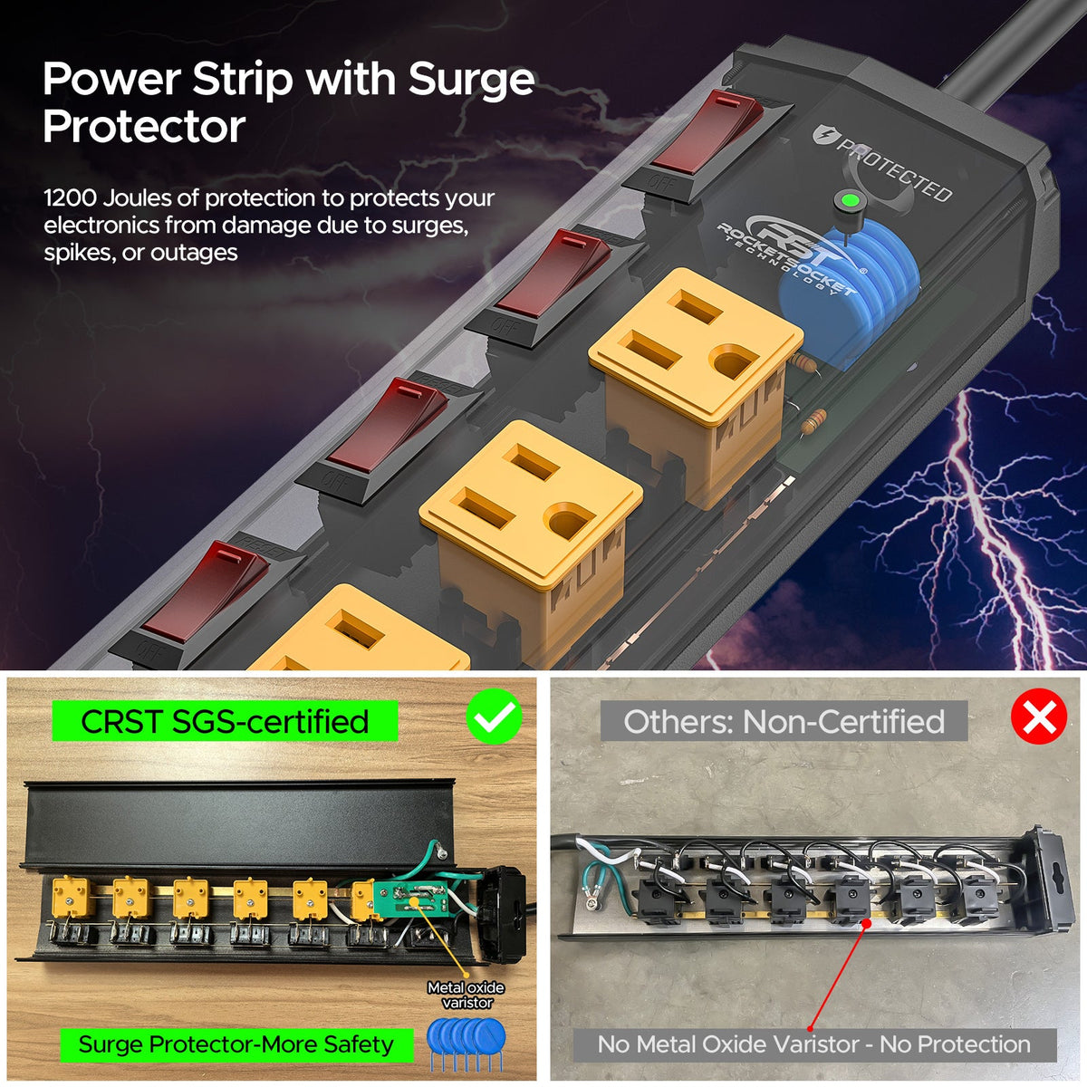 CRST 6-Outlet Metal Power Strip | 6 Individual Switches + Master Switch, Versatile Mounting System, 1200J Surge Protector, 45° Flat Plug, SGS Certified