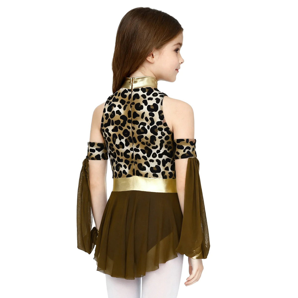 Girls Prehistoric Cave Costume Leopard Print Patchwork Metallic Sleeveless Mesh Skirted Leotard Dress and Matched Oversleeves
