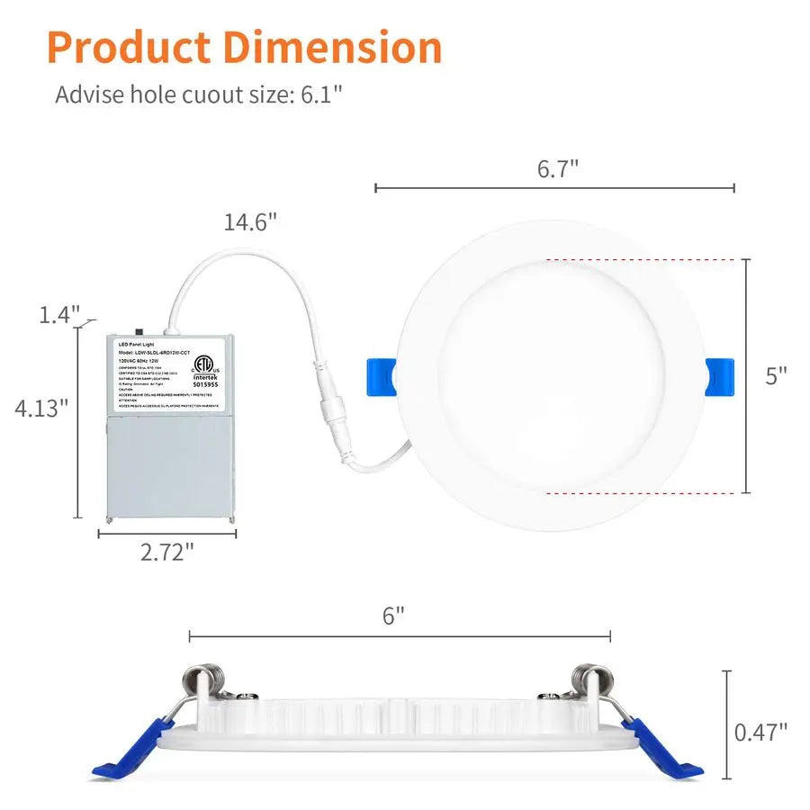 12 Pack 6 Inch LED Recessed Ceiling Light, 2700K 3000K 3500K 4000K 5000K Selectable, Dimmable 12W110W, 1050LM, IC Rated CanKille