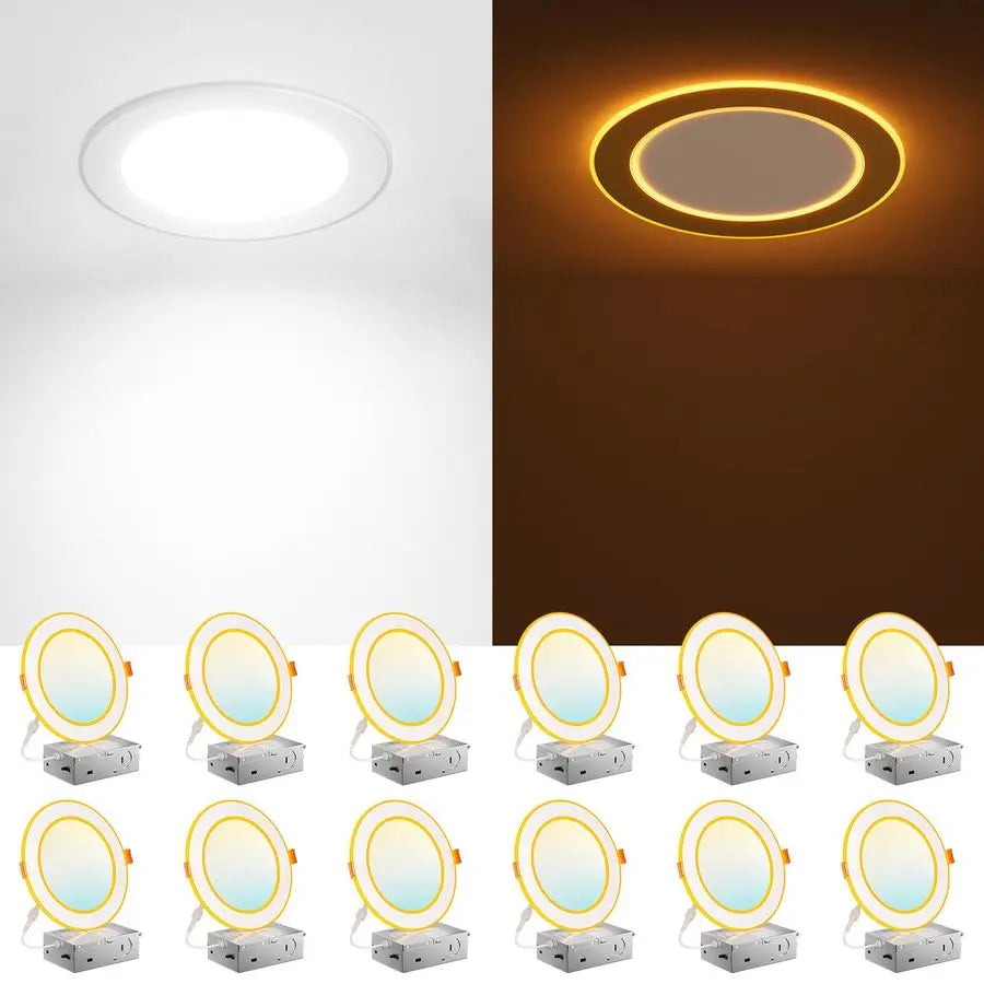 12 Pack 6 Inch 5CCT LED Recessed Ceiling Light with Double Ring Night Light, 27005000K Selectable UltraThin Recessed Lighting, 1
