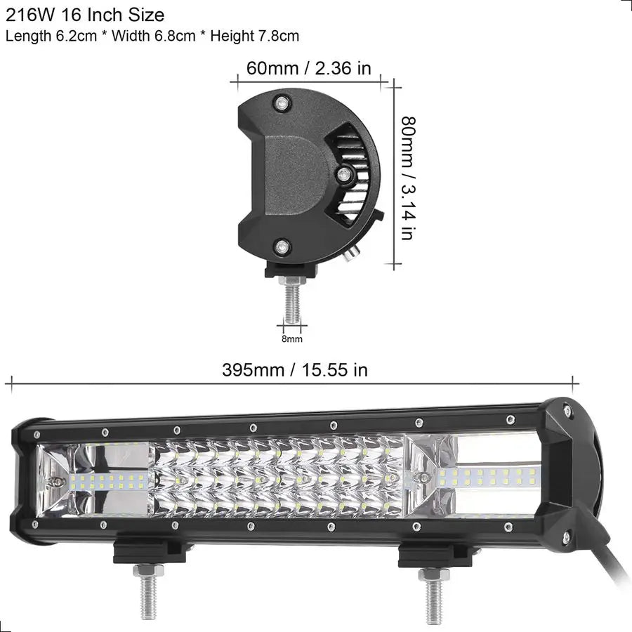 16 Inch 216W Tri Row Offroad High Power Chips LED Light Bar Driving Work Lights for FJ Cruiser OffRoad 4WD 4x4 Tractor Pickup Tr