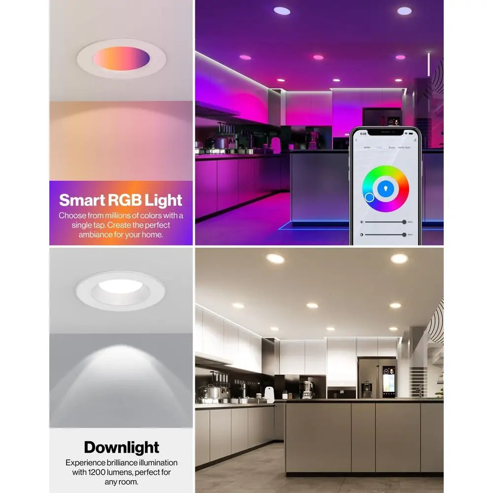 4 Pack LED Recessed 6 Inch, Smart RGBW Color Changing Can Lights, High Bright 1200 LM, 14W, Retrofit Installation, Compatible wi