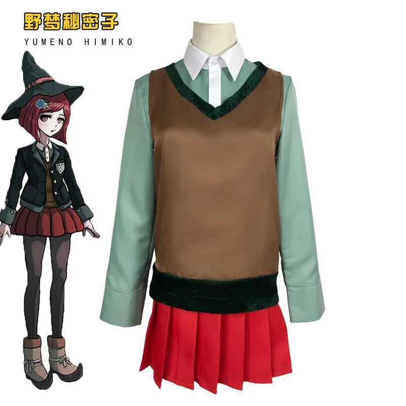 Anime Danganronpa Magician Yumeno Himiko Girl Uniform Halloween Carnival Student JK Uniform Cosplay Costume Red Wig