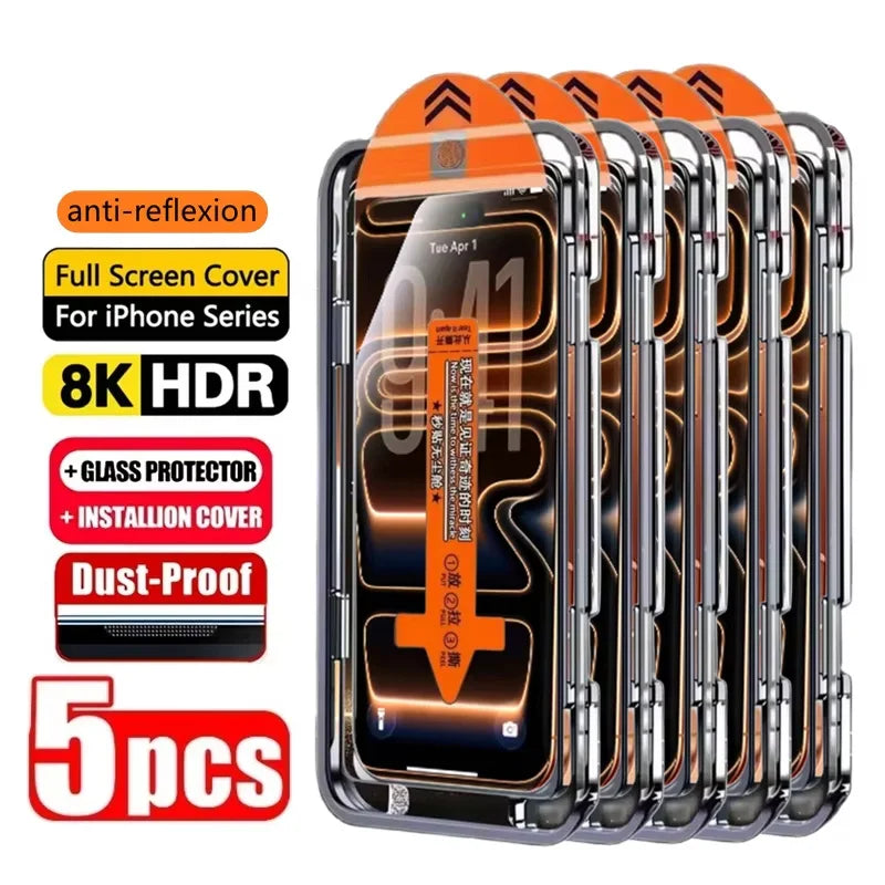 1-5PCS Easy Install HD Screen Protector For iPhone 17 Pro Max 15 16 13 11 14 16e 12 Mini XR X Xs 7 8 Plus Air Tempered Glass