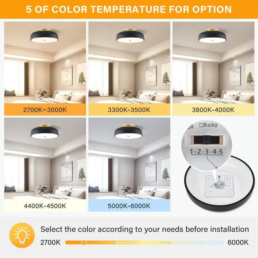 LED Ceiling Light Fixture, 2700K6000K 5CCT Modern MidCentury Semi Flush Mount Ceiling Light, Black Close to Ceiling Lamp for Kit