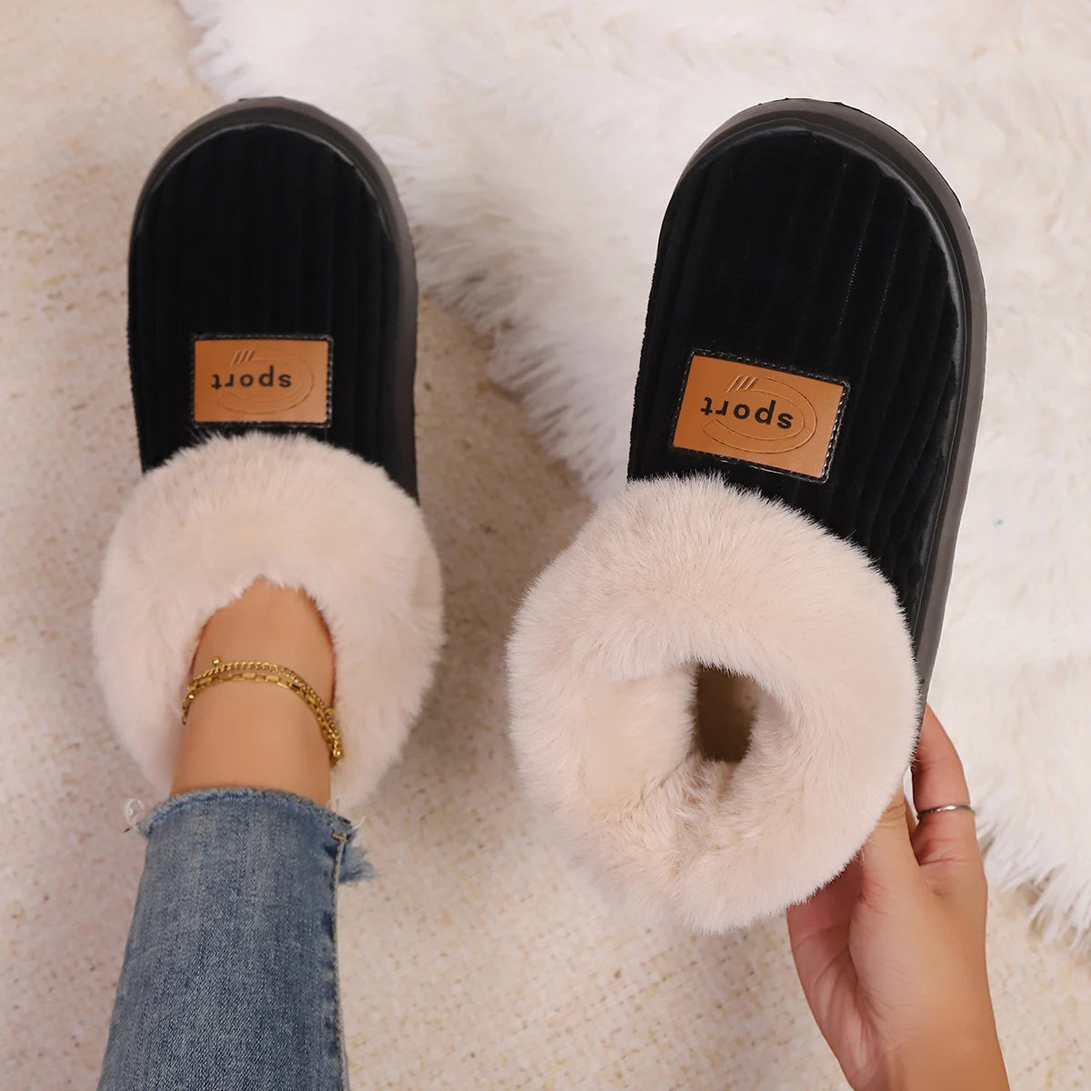 Autumn and Winter Fluffy Home Slippers, Warm Soft-Soled Ankle Shoes, Plush Indoor Comfortable High-Top Shoes, Bedroom Silent Floor Shoes