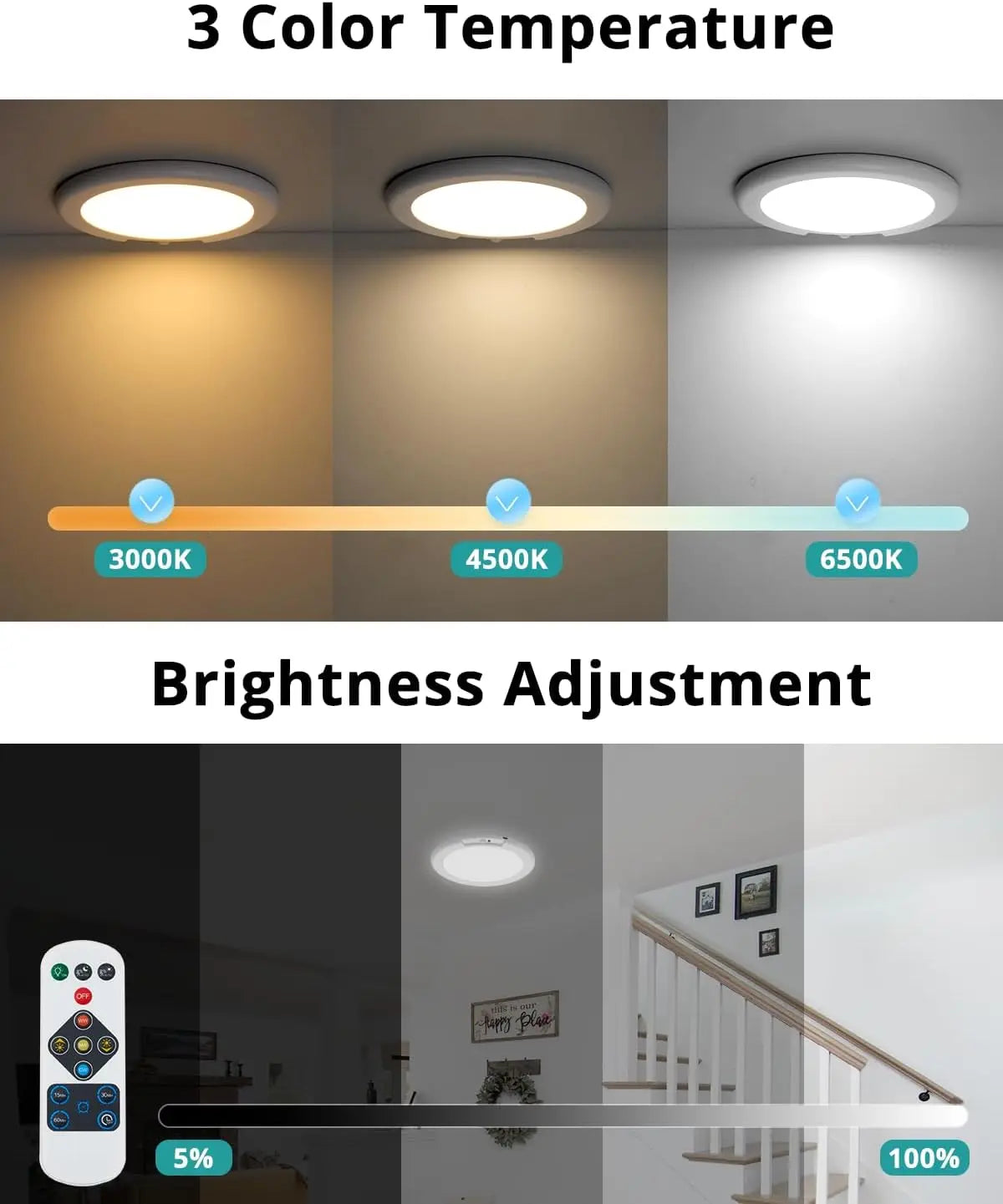 Rechargeable Motion Sensor Ceiling Lights with Remote, Dimmable Timing for Closet Shower, 3000K-6500K