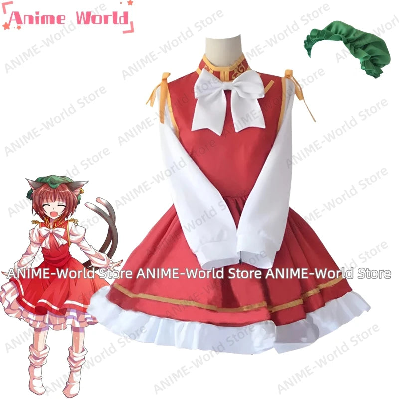 《Custom Size》Anime Touhou Chen Cosplay Costume with Hat Women Party Suit Top Skirts Tail Ears Props Halloween Uniforms
