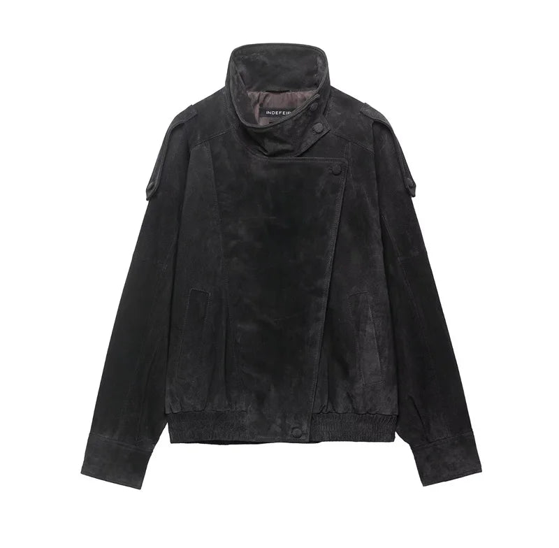 Women's Jacket Fall 2025 New Black Long Sleeve Pebble Faux Leather Jacket Motorcycle Style Personality Fashion