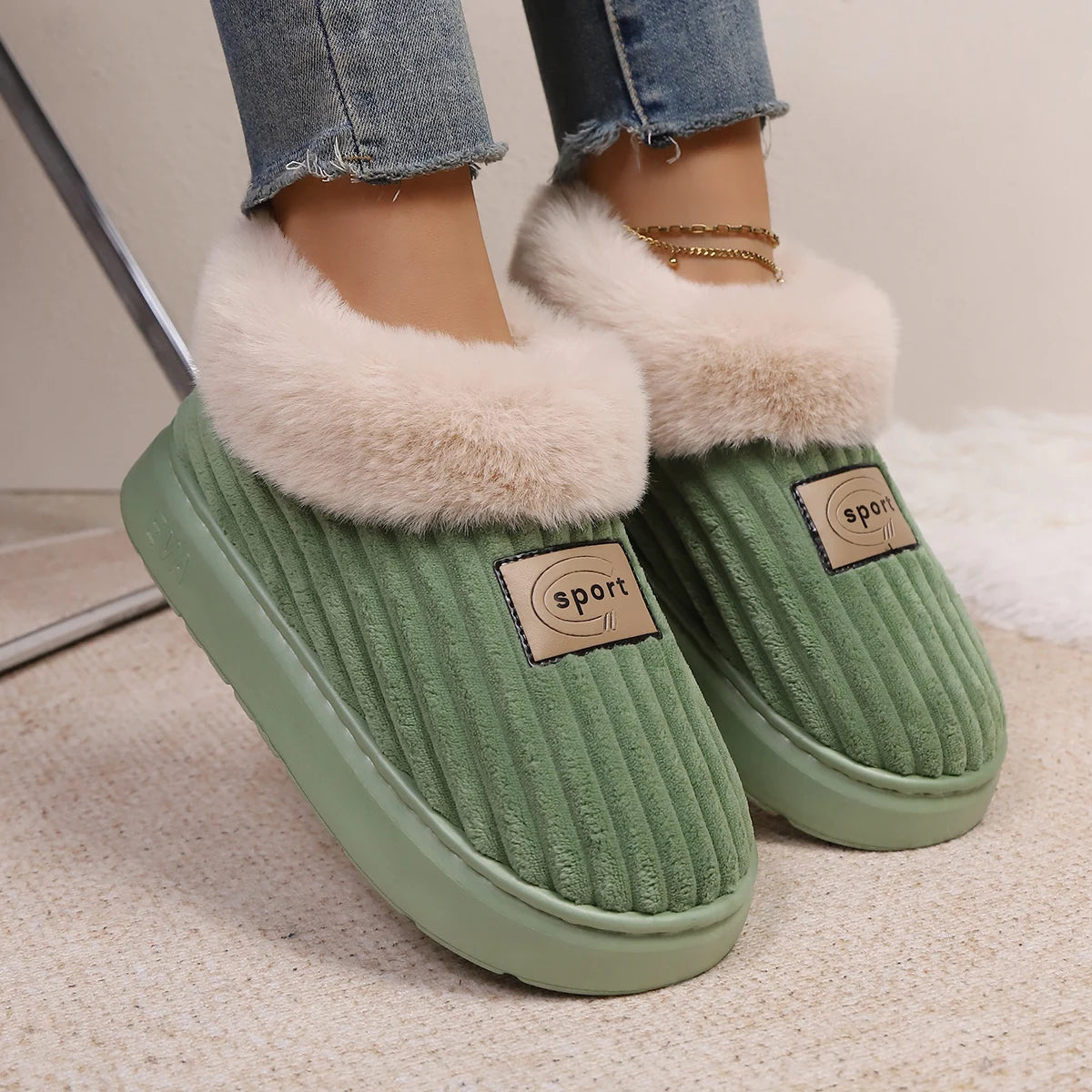 Autumn and Winter Fluffy Home Slippers, Warm Soft-Soled Ankle Shoes, Plush Indoor Comfortable High-Top Shoes, Bedroom Silent Floor Shoes