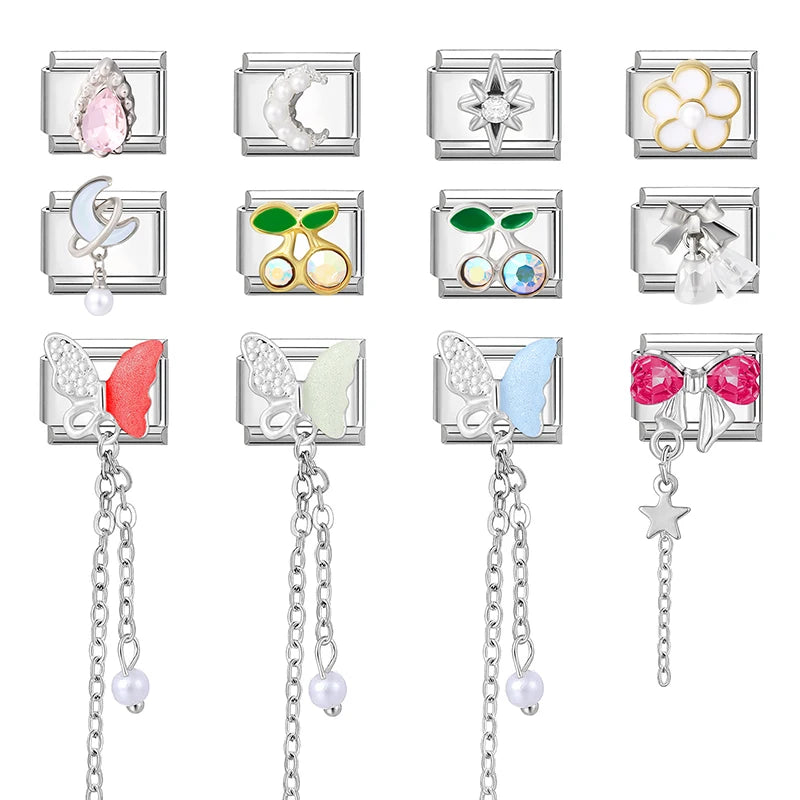 Zircon Moon Cherry Bow Knot Butterfly Heart Star Italian Charm Links Fit 9mm Bracelet Stainless Steel DIY Jewelry Making Gifts