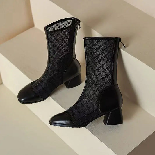 Women's Block Heel Mesh High Top Cool Boots Round Toe Hollow Out Breathable Spring Autumn New Big Size Sexy Lace Zippers Sandal