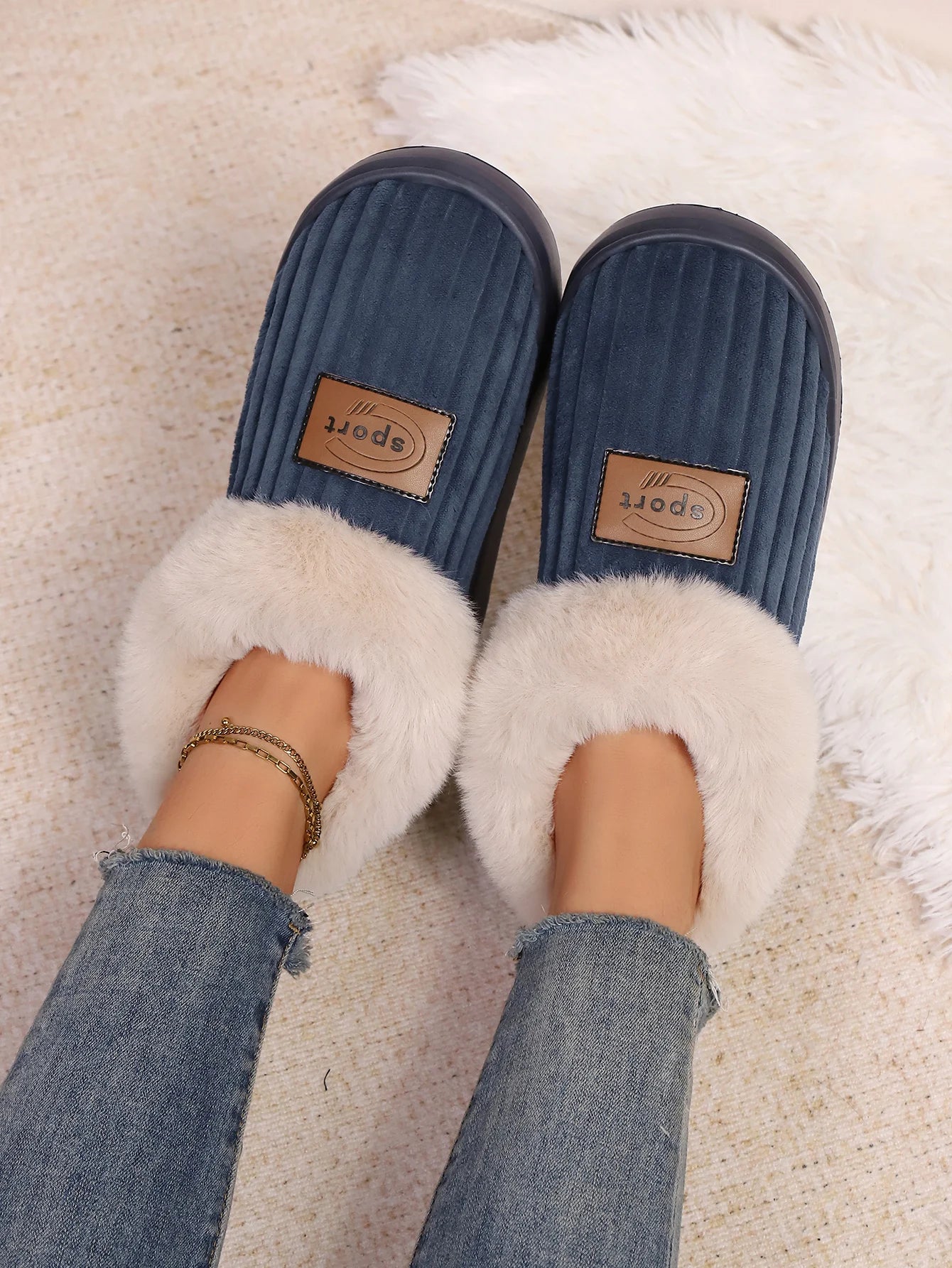 Autumn and Winter Fluffy Home Slippers, Warm Soft-Soled Ankle Shoes, Plush Indoor Comfortable High-Top Shoes, Bedroom Silent Floor Shoes