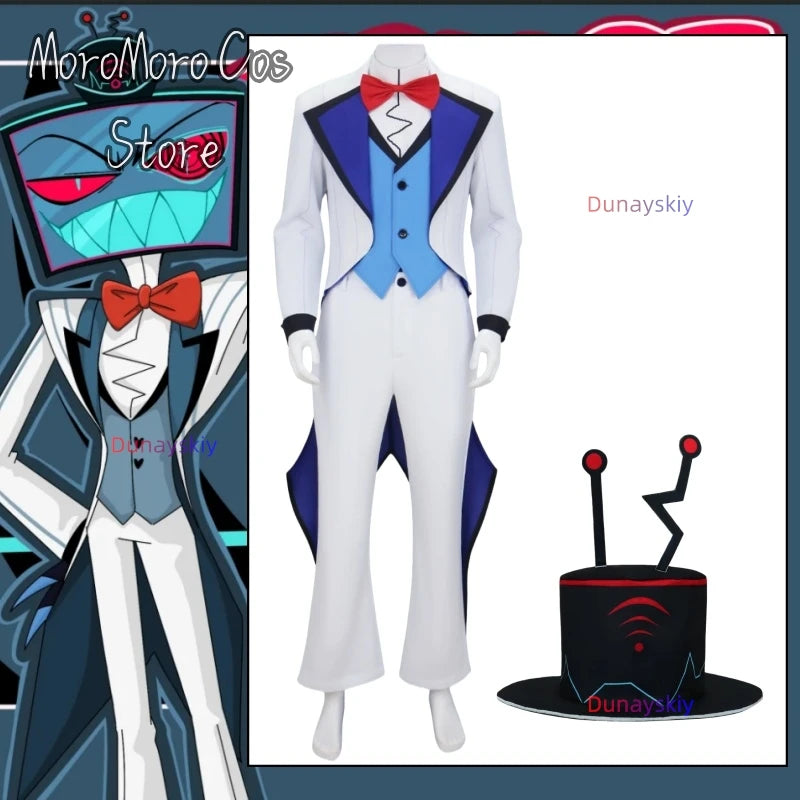 2025 New Anime Cosplay Hotel VOX Cosplay Costume White Suit Top Pants Women Men Halloween Roleplay Clothes