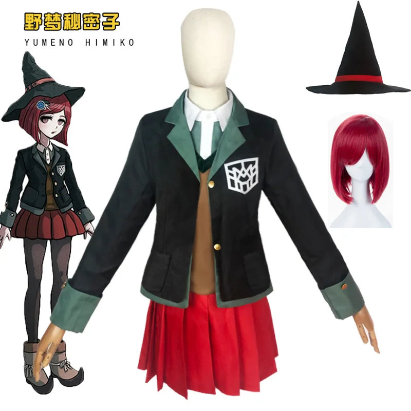 Anime Danganronpa Magician Yumeno Himiko Girl Uniform Halloween Carnival Student JK Uniform Cosplay Costume Red Wig