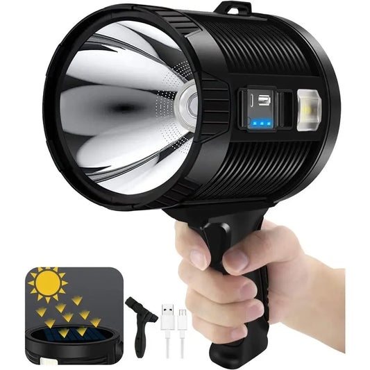 1000000 Lumens, 6 Modes Led Rechargeable Spotlight Flashlight As Seen on TV with Tripod, 3 Color Filters, Super Bright Solar Spo