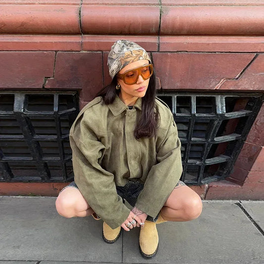 Women's Army Elegant Bomber Jackets Coats Fashion Turn-down Collar Long Sleeve Loose Coats Vintage Female Outerwear Chic Tops